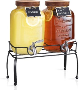 $47 mustry Glass Drink Dispenser for Parties, 1 Gallon Beverage Dispenser with Stand and Spigot Solid Stainless Steel, Used as Lemonade Dispenser Sun Tea Jar Kombucha Jar, Set of 2