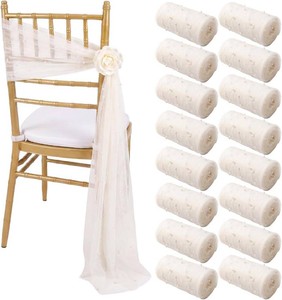 $24 Moukeren 16 Packs Beige Pearls Chair Sashes 8ft Sheer Fabric Wedding Aisle Chair Decorations Fabric Sheer Church Seat Slipcovers Drapes with Ribbon Tape for Party Banquet Wedding Bridal Shower
