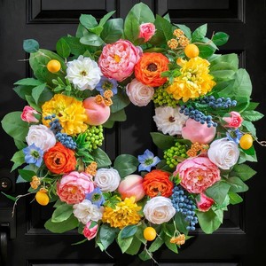 $30 Pinkpuii Spring Wreaths for Front Door 24 Inch Vibrant Spring Summer Wreath with Peonies,Roses,Marigolds,Blueberries & Realistic Fruit Accents (Peach, Lemon)- Ideal for Porch,Entryway,Wall,Window
