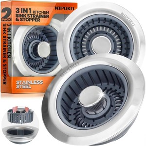 2 Pack Sink Drain Strainer - Sink Stopper, 3 in 1 Stainless Steel Kitchen Drain Plug with Deep Anti-Clog Basket and Odor-Blocking Seal, Pop-Up Design Fits Standard 3-12 Inch Sink