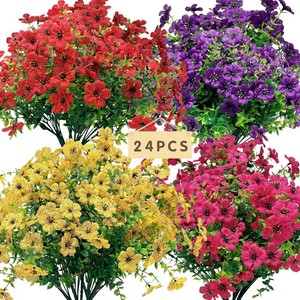 $27 Senjie 24 Bundles Artificial Flowers Bulk for Outdoor Decor, UV Resistant Fake Plastic Flowers, Faux Flowers for Porch Patio Window Boxwood Garden