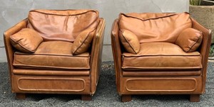 Vintage Armchairs - Roche Bobois Cognac Saddle Leather Pair