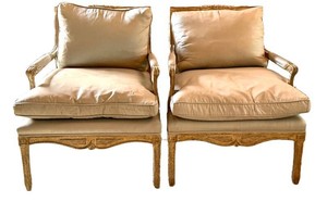 Pair of Minton-Spidell Cressant Lounge Chairs in Aged Gold Gilt with Original Silk Upholstery