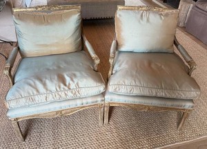 Pair of Minton-Spidell Cressant Lounge Chairs in Aged Gold Gilt with Original Silk Upholstery