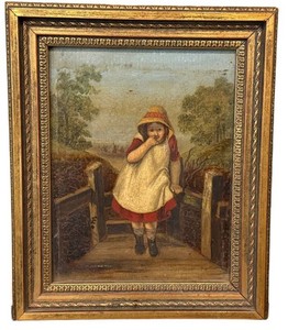 Oil Painting - Antique 19th Century Girl in Bonnet on Bridge