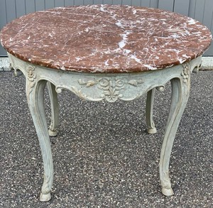 Vintage French Marble Top Round Center Table Painted Carved Wood Base