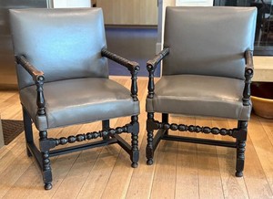 Vintage Bobbin Armchairs Pair Ebonized Wood Gray Leather