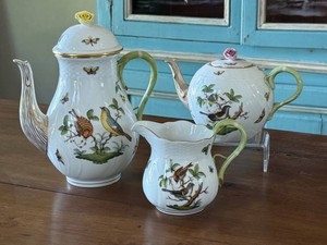 Porcelain Tea Set - Herend Rothschild Bird 3-Piece Handpainted