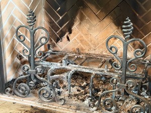 Fireplace Andirons & Grate - Scrolled Wrought Iron Pair