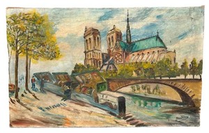 Vintage Oil Painting Notre-Dame Cathedral Paris Seine Impressionist