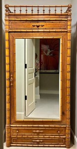 Antique French Faux Bamboo Armoire Mirror Door Shelves Drawer