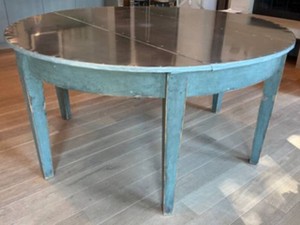 K - Vintage Scandinavian 60 Round Thick Heavy-Gauge Zinc-Top Dining Table with Original Dusty Gray-Blue Paint