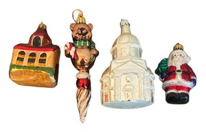LR - Four Christmas Ornaments including Churches, Bear & Santa