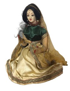 LL - Vintage Indian Cloth Doll Seated Woman in Green & Cream Sari