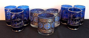 DR - Vintage Cobalt Blue Murano-Style Tumblers with Venetian Scenes & Georges Briard Firenze Blue Tumblers