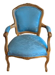 DR - Vintage Armchair Louis XV Style Cabriolet Carved Walnut Blue Floral Upholstery