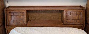 UB - Vintage Dixie Geometric Oak Bookcase Headboard  Mid-Century Style Dixie Brutalist Block Front Queen Bed Component