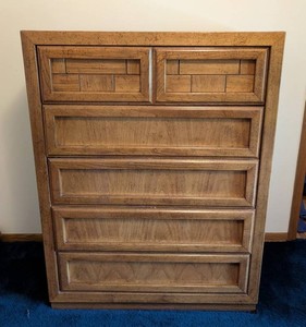 UB - Vintage Dixie Geometric Oak Highboy Dresser  Mid-Century Style Dixie Brutalist Block Front Tall Chest of Drawers
