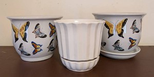 UO - Ceramic Planters Butterfly Pair & White Fluted Planter (Set of 3)