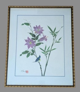 UB - Asian Floral Painting Purple Clematis Framed
