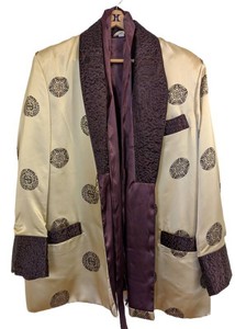 UB - Vintage Smoking Jacket Chinese Style Cream Satin Purple Embroidery