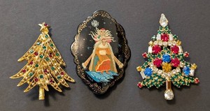 UB - Christmas Brooch Trio Rhinestone Tree, Painted Holiday, Festive Figural