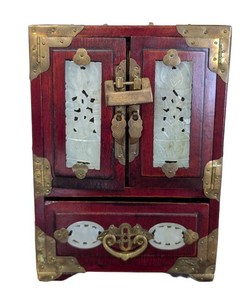 UB - Vintage Chinese Rosewood Jewelry Box with Carved Jade Inlays & Brass Accents