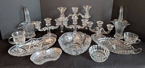 ML - Cut & Pressed Glass Servingware Mixed Lot including Vintage Cambridge Glass Empergne Candleabra