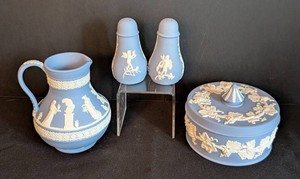 LR - Vintage Wedgwood Jasperware Pitcher, Shakers & Trinket Box Mixed Lot