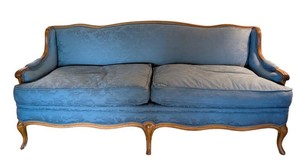 LR - French Provincial Sofa Blue Upholstery Carved Wood Frame