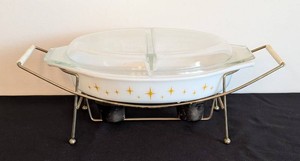 LR - Vintage Pyrex Constellation Divided Casserole Dish and Warming Holder