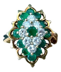 Emerald & Diamond Cocktail Ring 14K Yellow Gold Size 7.75
