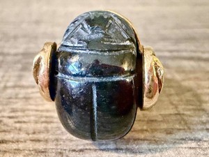 Scarab Ring - 14K Gold Onyx Carved Egyptian Revival Size 7