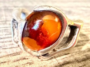 Sterling Silver Amber Ring Vintage Brutalist Style Size 8.5