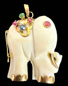 Elephant Pendant 14K Carved Coral & Gemstone