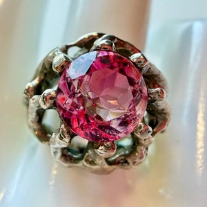 Vintage Brutalist Style Sterling Silver Ring Pink Gemstone Size 9
