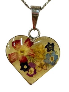 Vintage Pressed Flower Heart Pendant Sterling Box Chain 16 in
