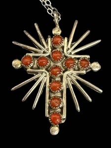 Cross Pendant Necklace - Vintage Sterling Silver Double-Sided Turquoise & Coral