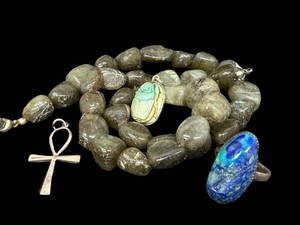 Labradorite Beaded Necklace Azurite Ring & Sterling Cross Pendant