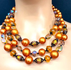 Vintage Necklace - Vendome Triple-Strand Orange Satin Bead Choker