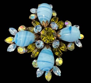 Vintage Brooch - Regency Blue Glass Rhinestone Floral