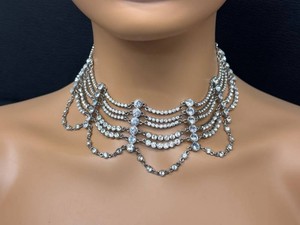 Rhinestone Choker Necklace Elegant Layered Silver Tone
