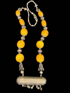 Ethnic Tribal Yemenite Necklace Beaudouin Style Silver & Yellow Beads