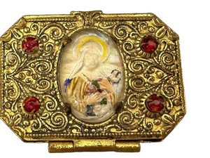 Vintage Brass Rosary Box Reverse Glass Devotional Figurine