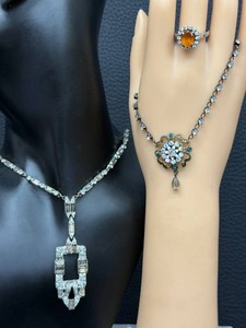 Vintage Rhinestone Necklace, Sterling Clasp Necklace & Ring Mixed Lot