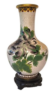 D - Vintage Chinese Cloisonne Enamel Vase Chrysanthemum with Wooden Base