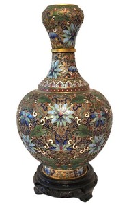 D - Vintage Chinese Cloisonne Enamel Vase With Wooden Base