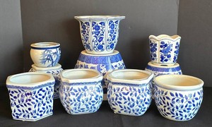 D - Blue and White Planters (Lot of 7)