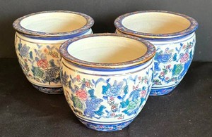D - Enameled Ceramic Planters Floral Set of 3