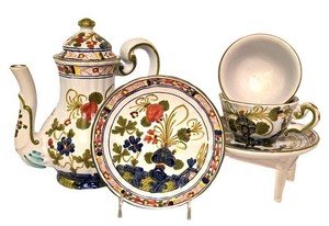 D - Tea Set Hand Painted Floral Teapot 2 Cups 2 Saucers